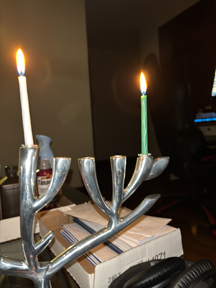 A chanukiah shapped like the Tree of Life with a white candle as the shamash, and a green candle as the first light on the right side.