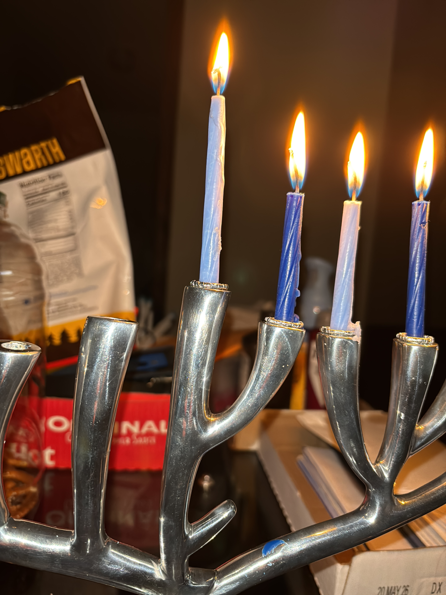 Chanukiah shapped like the Tree of Life with five lit candles